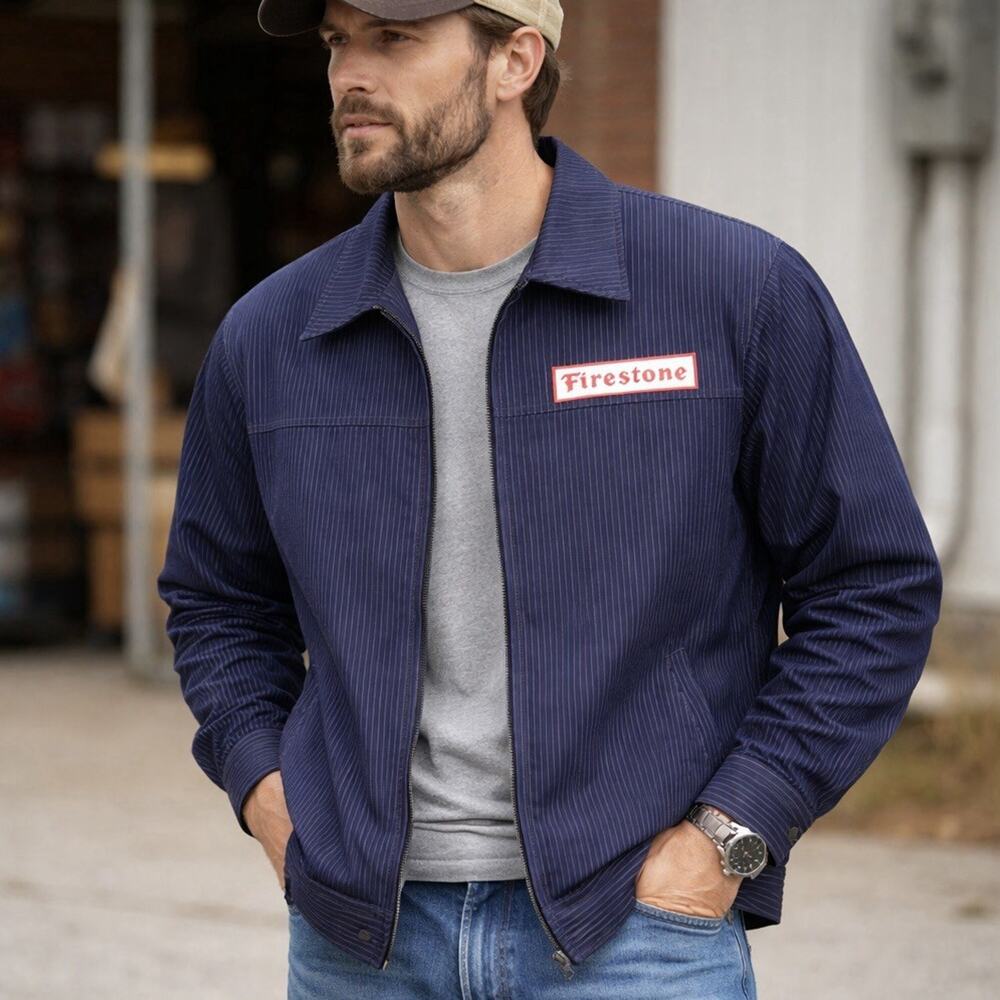 Firestone Work Jacket XL Navy Pinstripe Zip Mechanic Shop Racing NWT - Picture 3 of 16